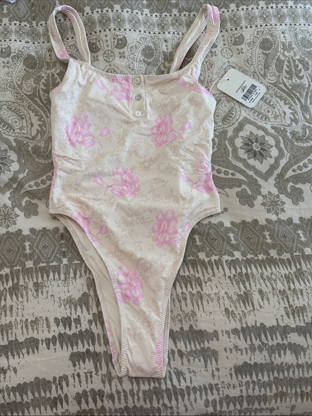 Frankie's Bikinis Cream One-Piece with Pink Floral Print